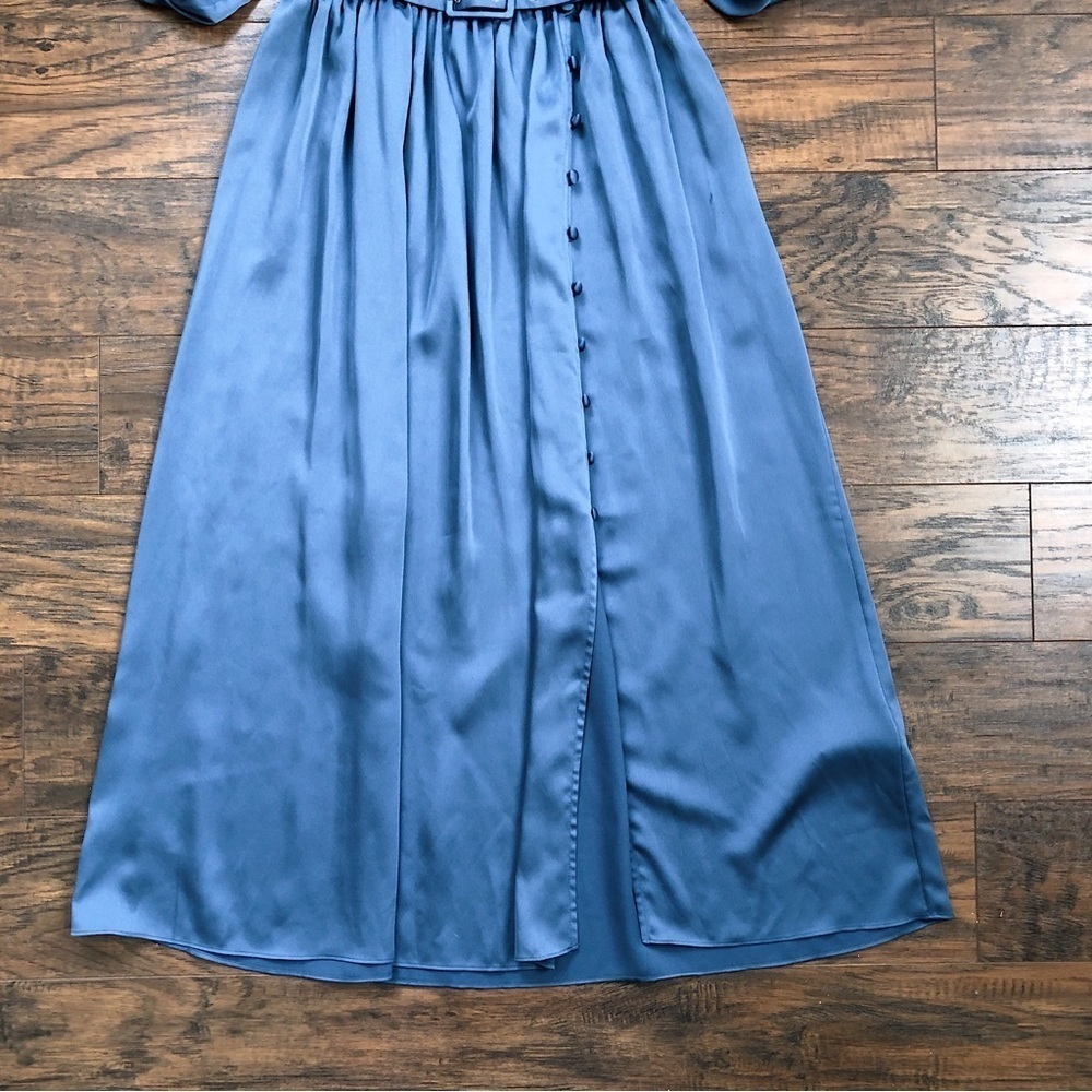 Kate Spade • Belted Satin Midi Dress ruffle trim short sleeve Antique Blue - Picture 7 of 16